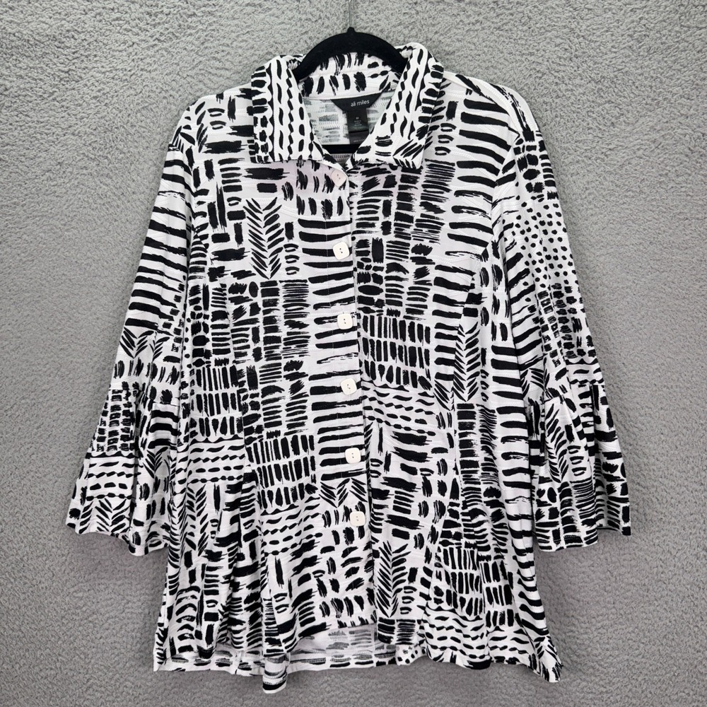 Ali Miles Top Womens M Black White Abstract Ruffle Sleeve Button Artsy Office
